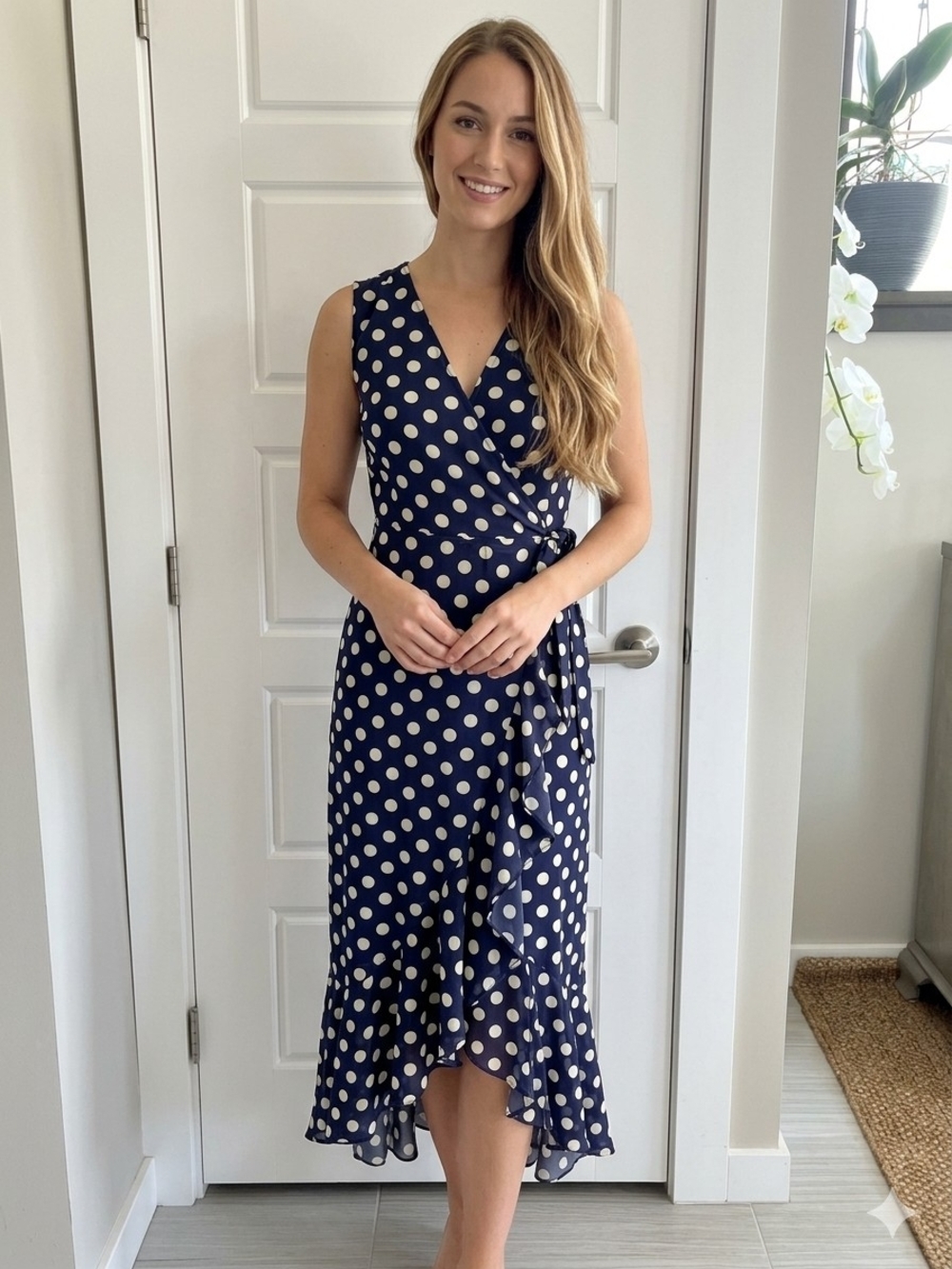 Papillon Blanc Navy and White Polka Dot Wrap Dress